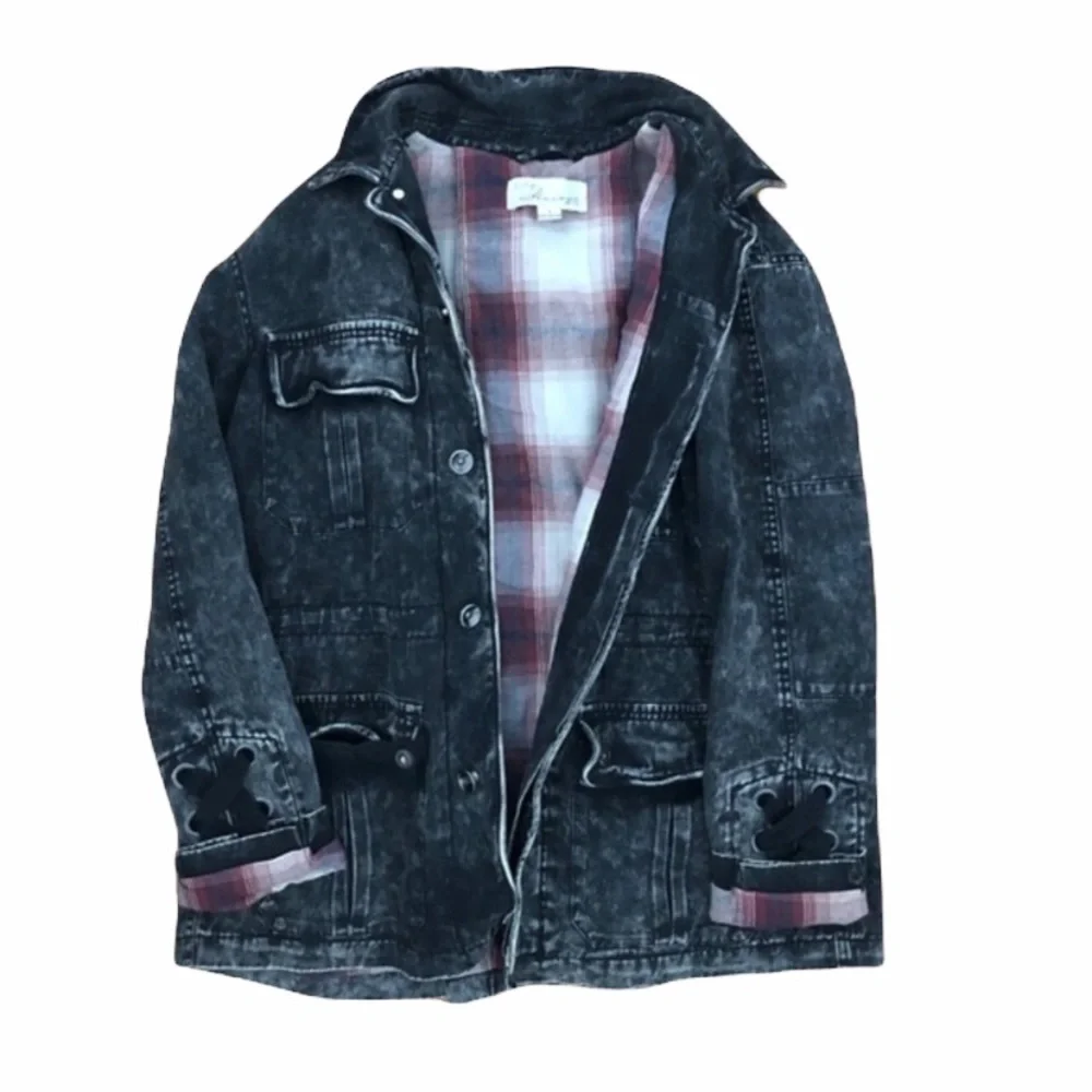 Vintage Havana Acid Wash Denim Jacket Small Black Flannel Lined Lace Up